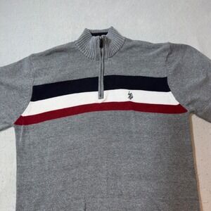 US Polo Assn Mens Quarter Zip Sweater Grey Striped Pony Logo BRUSR5401 Large